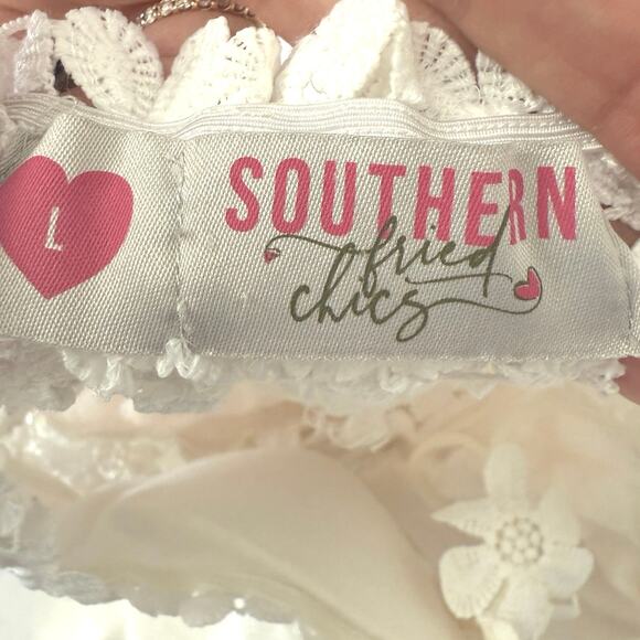 Southern Fried Chics White Lace Boho Maxi Dress Ballet Straps | Tiered Skirt | L - Picture 4 of 13